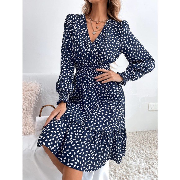 dot Print Shirred Bishop long Sleeve Ruffle Hem mini Dress - Picture 5 of 6